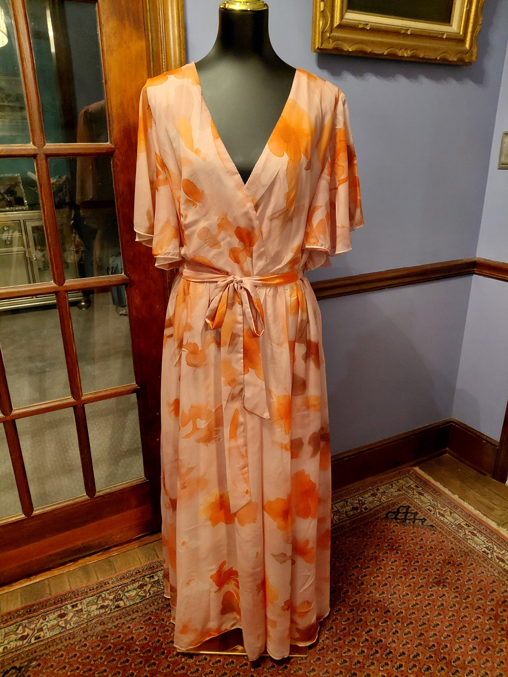 Belted V-Neck Maxi Dress in Peach with Orange Floral